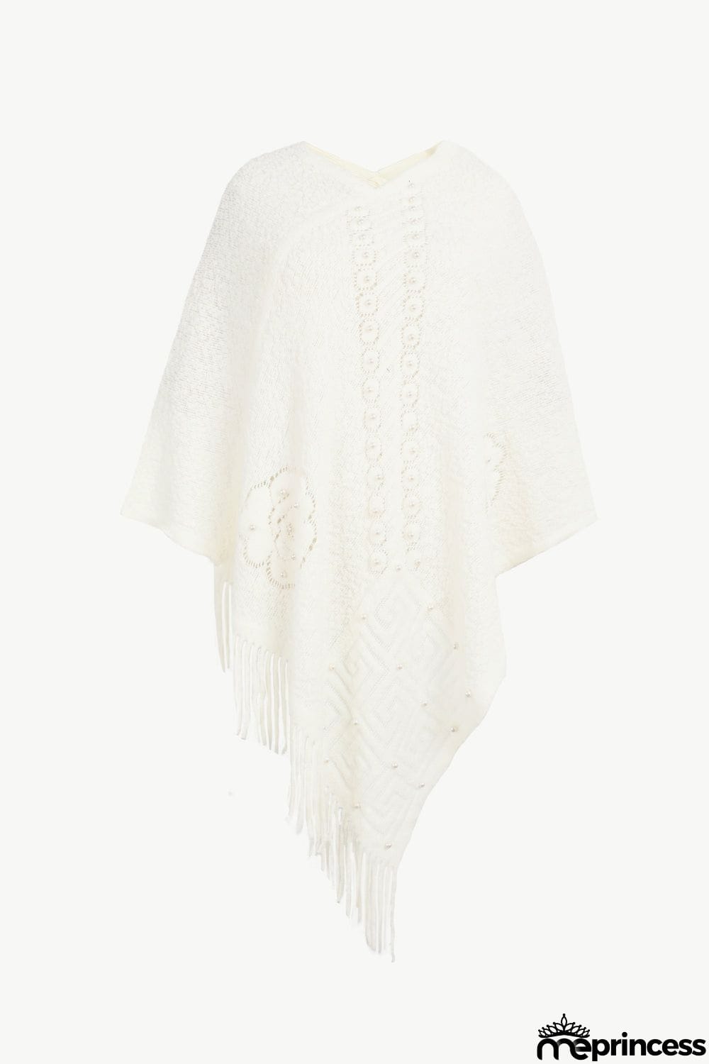 Pearl Trim Fringe Hem Poncho
