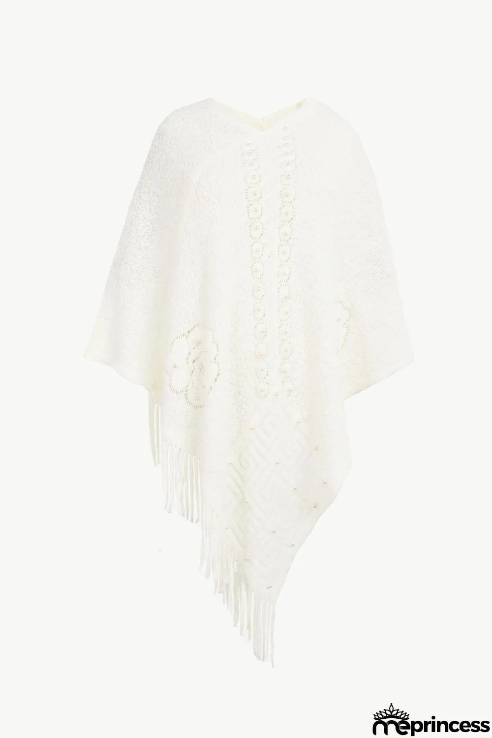 Pearl Trim Fringe Hem Poncho