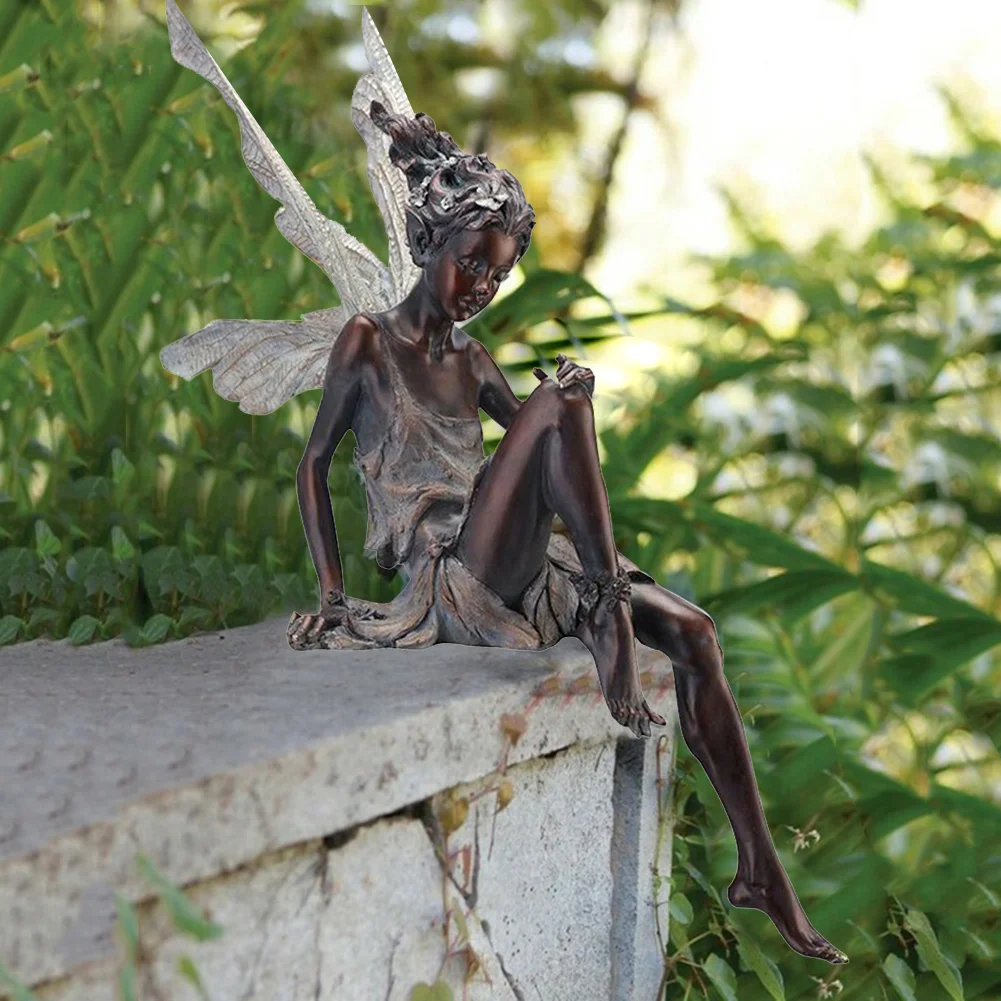 Flower Fairy Sculpture Yard Landscaping Resin Turek Sitting Statue (Black)