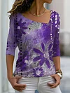T-shirts for Women Abstract Floral Painting V-neck Long Sleeve Casual Tops