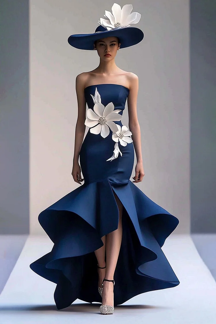 3D Floral Rhinestone Strapless Layered Maxi Dress-Navy Blue [Custom-Made]