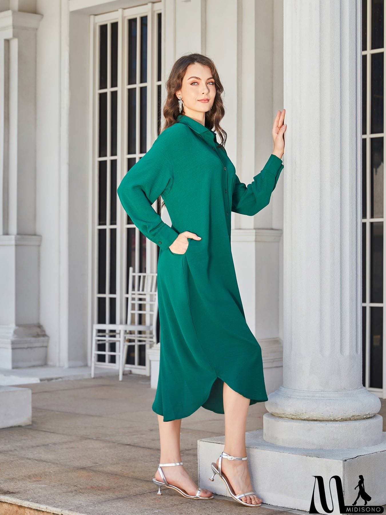 MidiSono - Collared Neck Long Sleeve Midi Shirt Dress