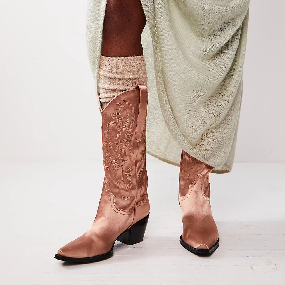 Pink Satin Pointed Toe Embroidered Mid-Calf Cowboy Boots for Women