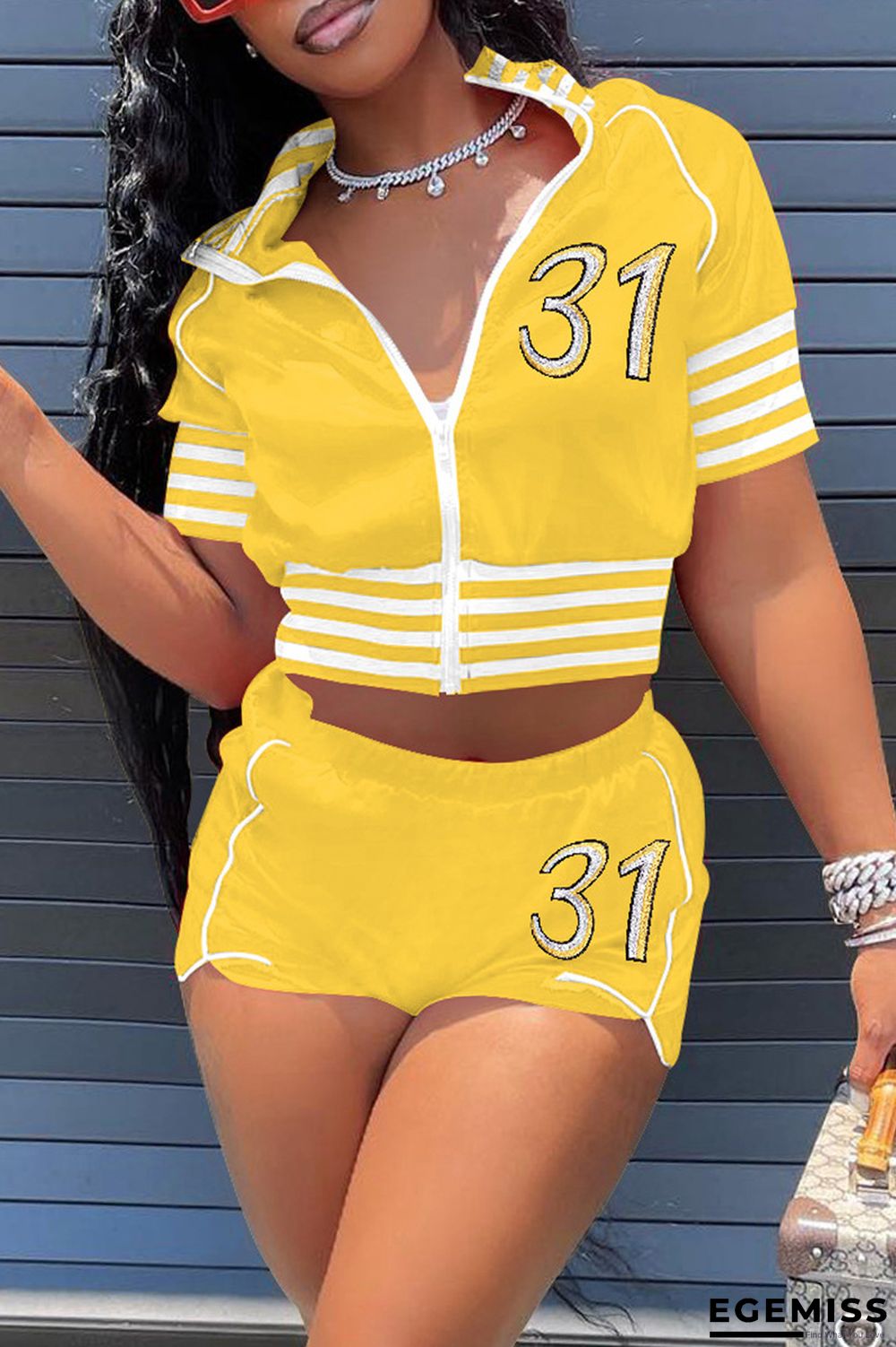 Yellow Fashion Casual Solid Embroidered Zipper Collar Short Sleeve Two Pieces | EGEMISS