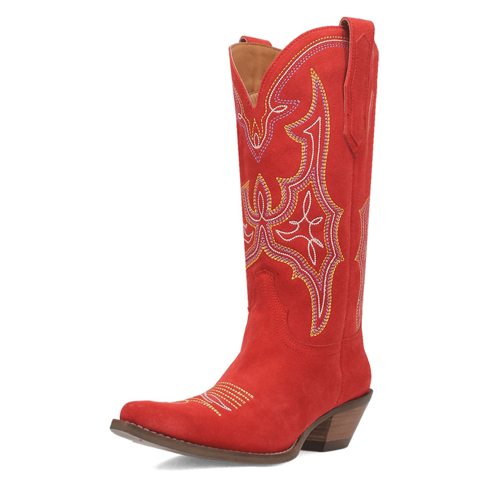 Red Pointed Toe Chunky Heel Mid-Calf Cowgirl Boots with Embroidery