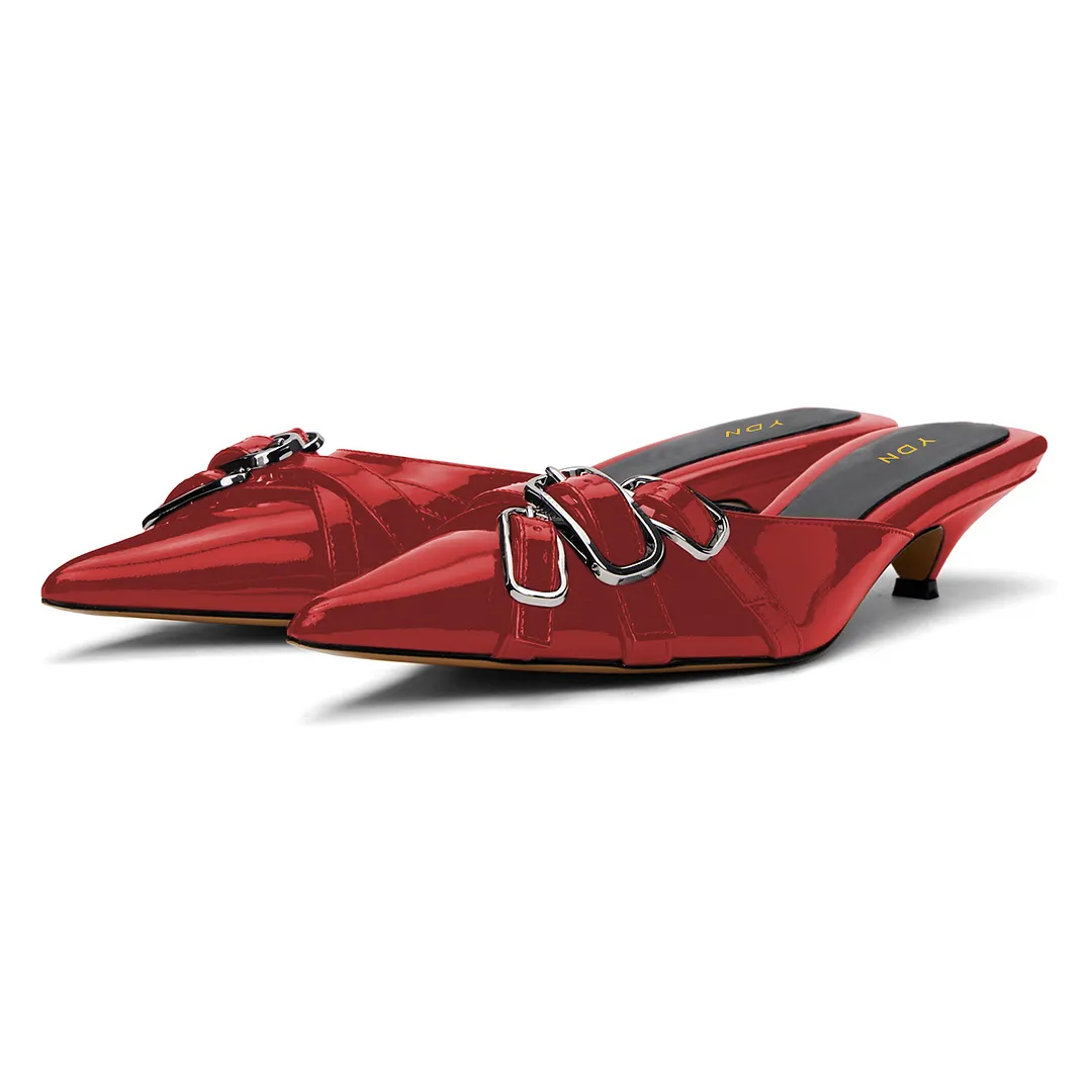 Red Patent Leather Pointed Toe Buckle Strap Decor Mules Shoes