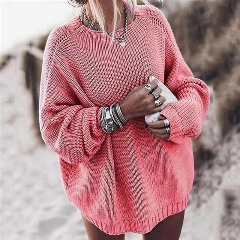 Elegant Autumn O Neck Oversized Sweaters Women Long Sleeve Solid Loose Knitted Sweaters Retro Warm Female Pullovers Korean Tops