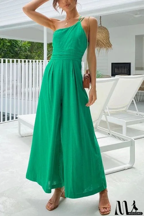MidiSono - One Shoulder Straps Wide Leg Jumpsuits