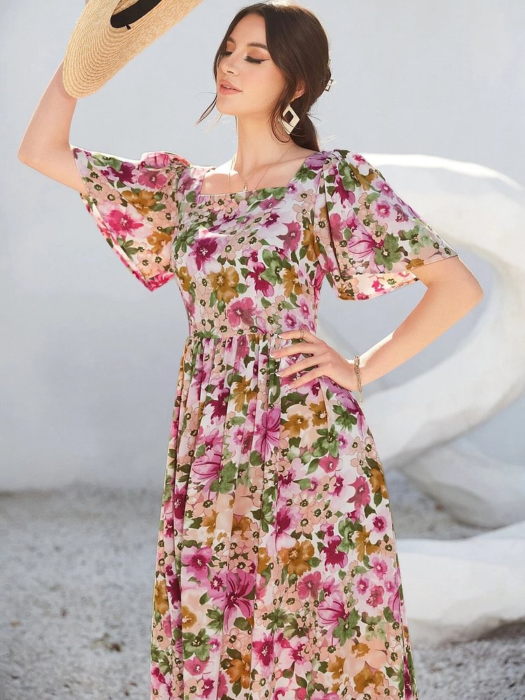 Floral Print Square Neck Butterfly Sleeve Dress