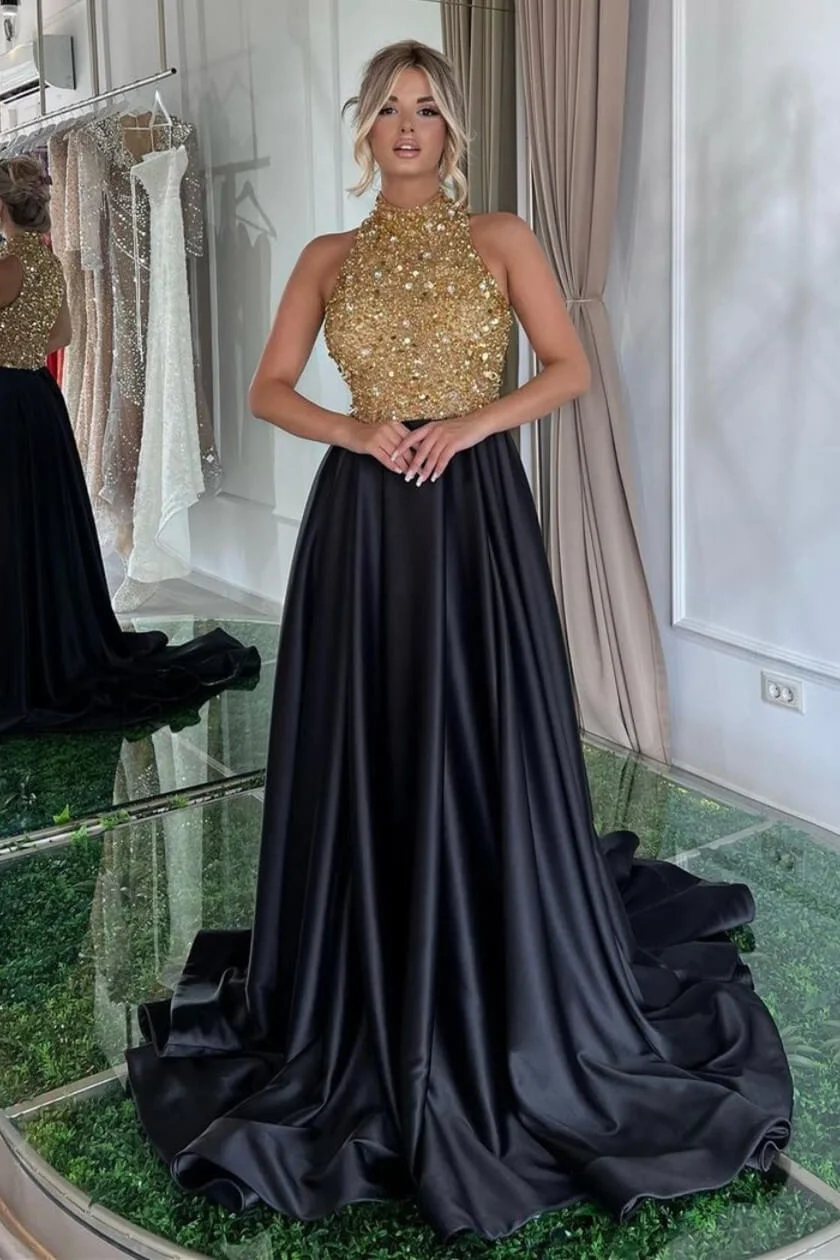 Bellasprom Black High Neck Prom Dresses A-Line Sleeveless With Gold Sequins