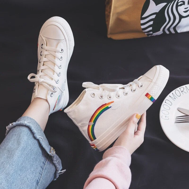 Women's Fashion 2021 Vulcanized Shoes Woman Sneakers New Rainbow Retro Canvas Shoes Flat Fashion Comfortable High Shoes Women
