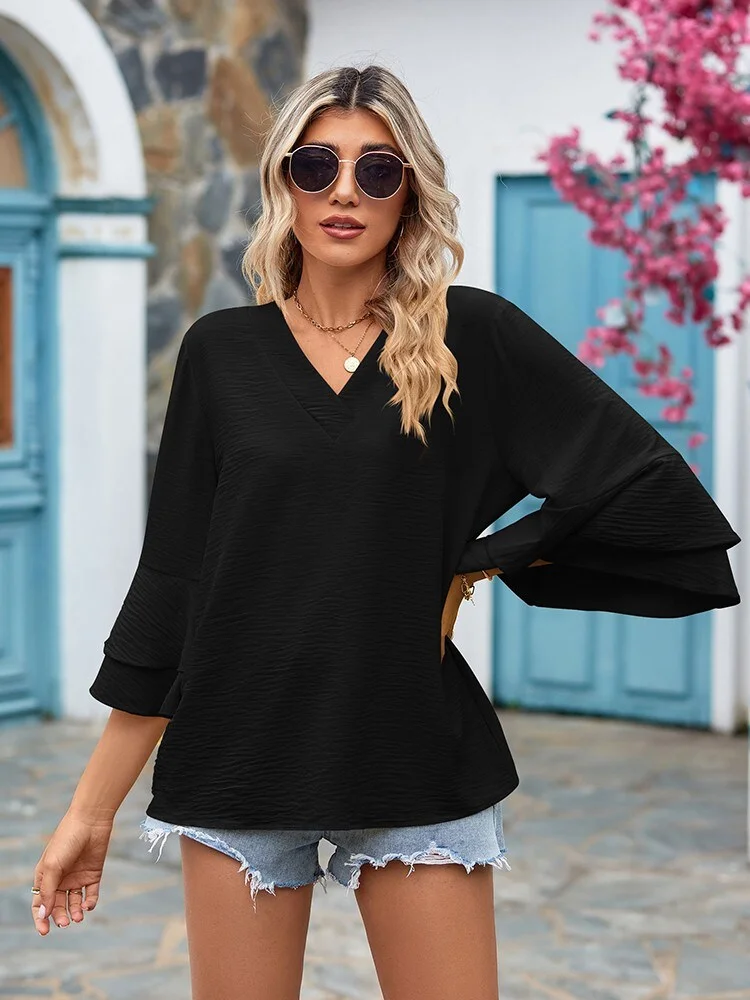 2023 New Blouses For Women Summer Clothes Fashion V Neck 3/4 Sleeve Elegant Office Work Shirts Ladies Plus Size Cass Topuals