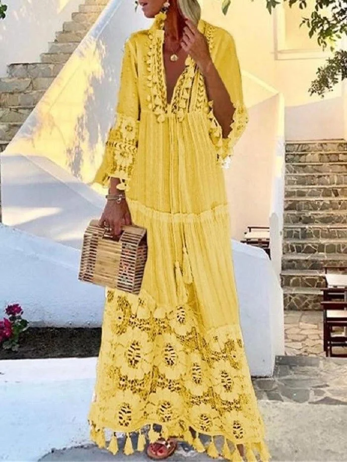 Tassel Sexy Boho Long Dress Women 2019 Fall Solid Hollow Out V-Neck Lace sexy Dresses bohemian style Plus Size Dress vestidos