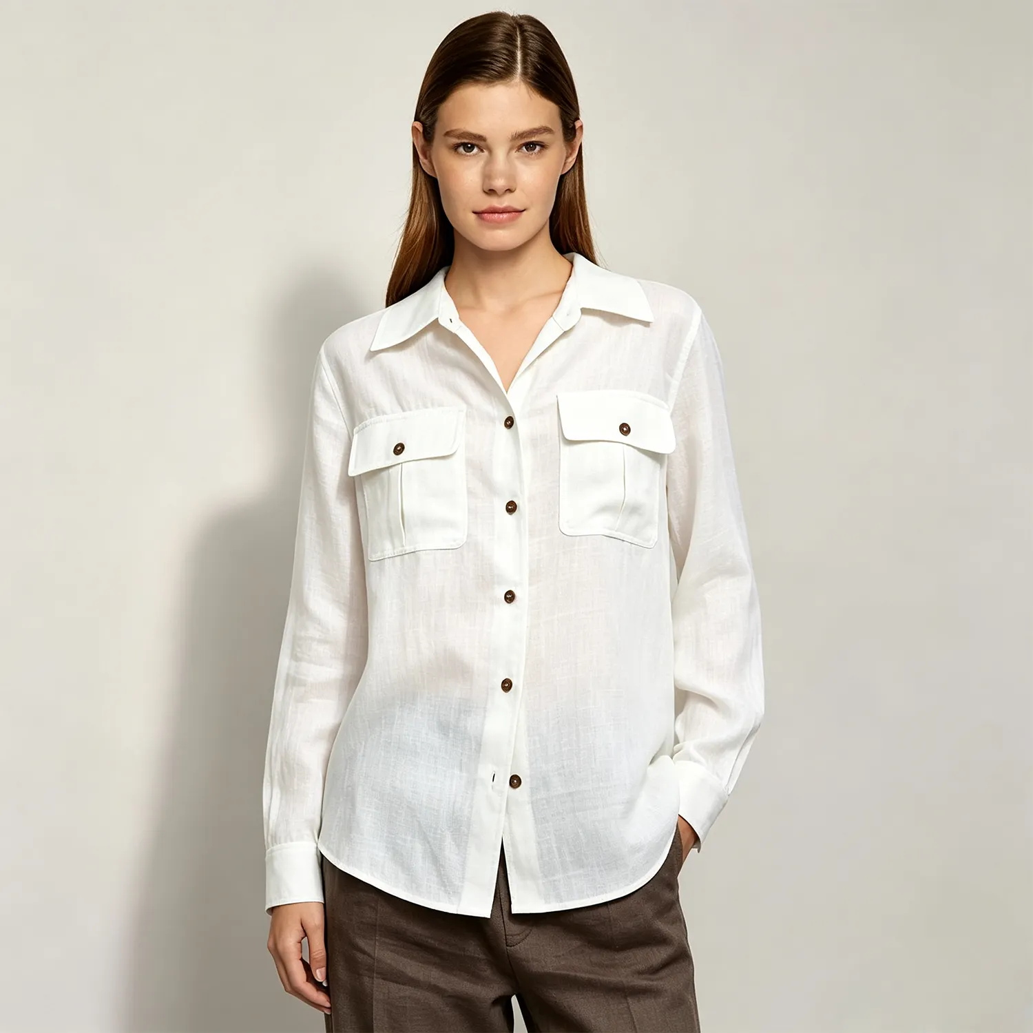 Women's Linen Shirt Relaxed Fit Button-Front Chest Pockets REAL SILK LIFE