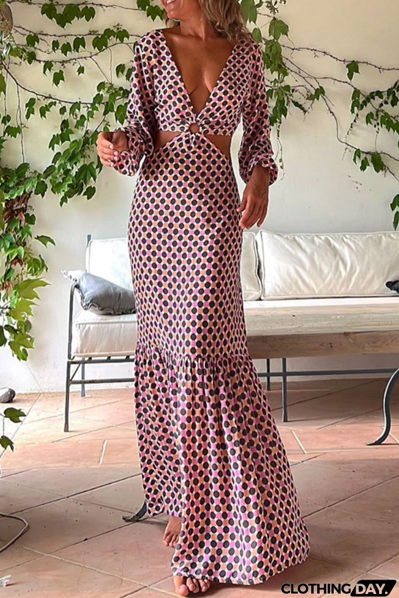 Sexy Geometric Print Asymmetrical V Neck Printed Dress Dresses