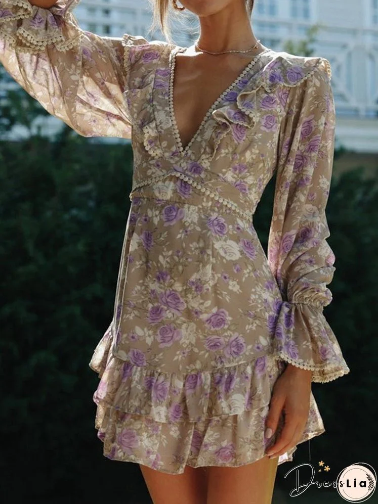 Dresses Printed V-Neck Long-Sleeve Open-Back Lace-Up Dress for Women