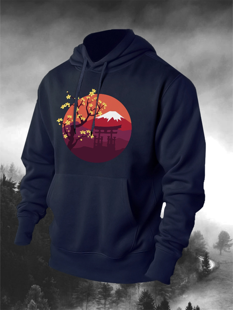Fuji Mountain Flower Tree Printed Men's Hoodie