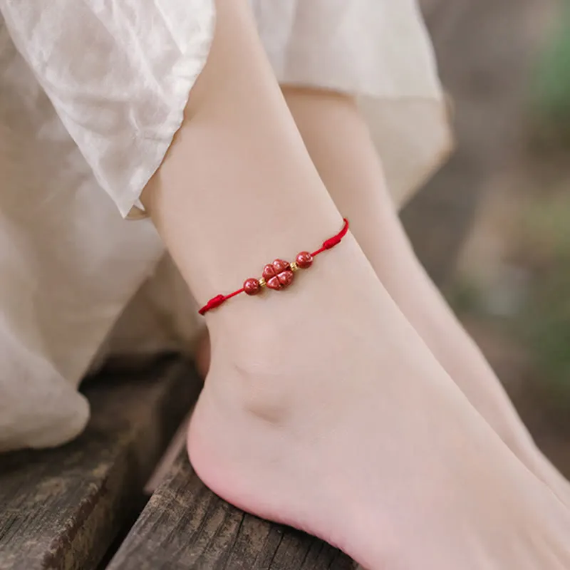 Four Leaf Clover Cinnabar Blessing Calm String Bracelet Anklet