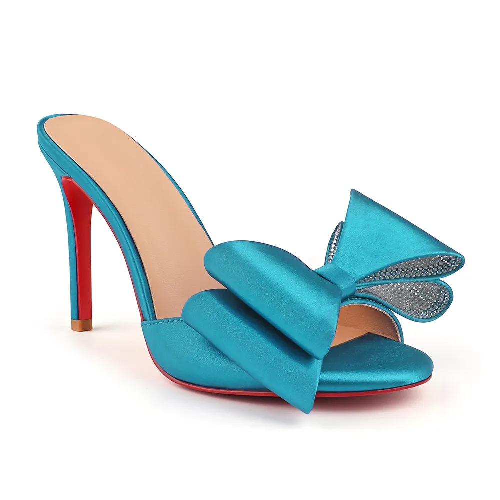 100mm/3.94 Inch Women's High Heel Mules Rhinestone Bowknot Backless Stiletto Heel Slippers Sexy Summer Heeled Red Bottom Sandals-vocosishoes
