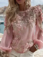 Women's Pink Flower Embroidery Art Pattern Long Sleeve T-shirt