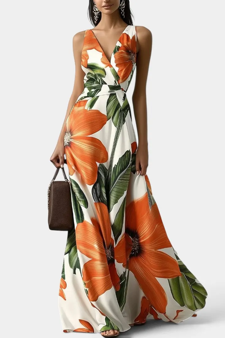 V-Neck Sleeveless Maxi Dress with Bold Botanical Print