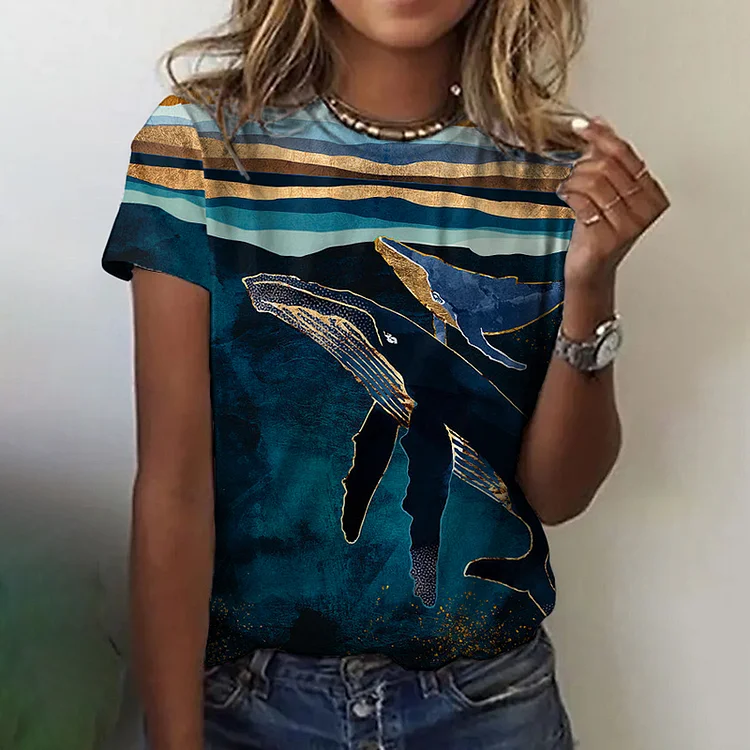 Vefave Oil Painting Whale Print Short Sleeve T-Shirt