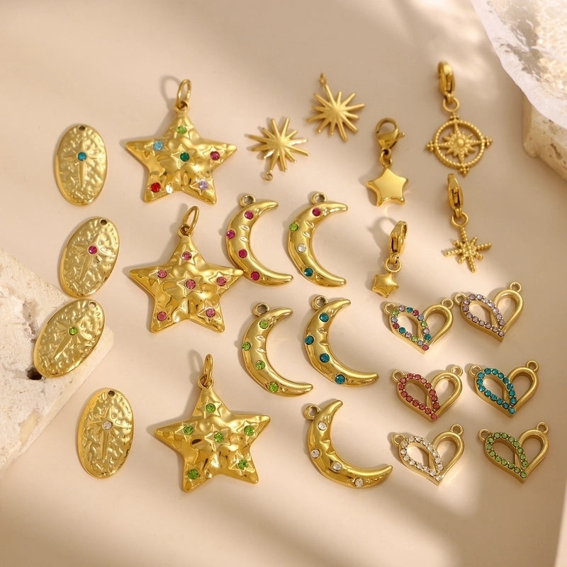 1 Piece 1 Set 24.6*24.7mm 304 Stainless Steel Zircon Star Moon Pendant Chain Jewelry Accessories