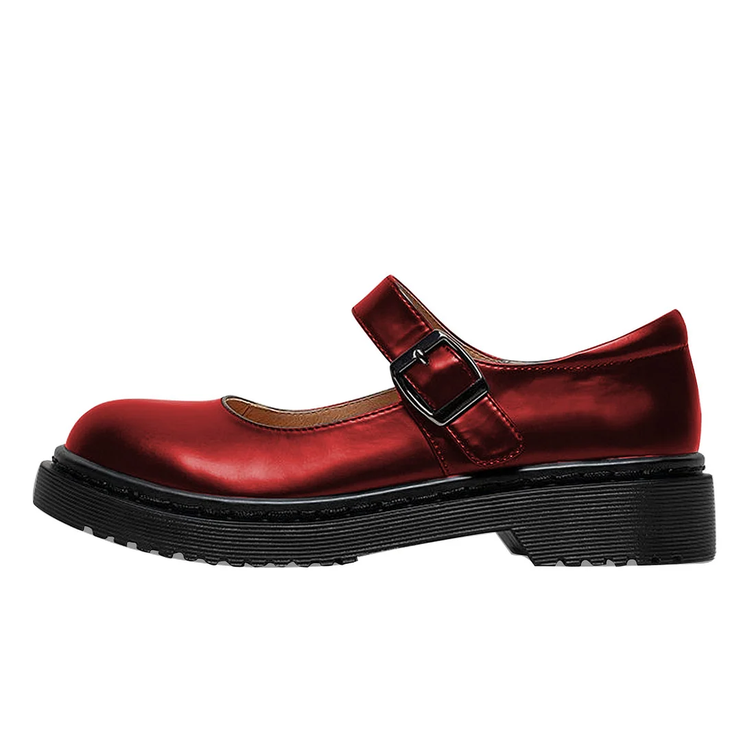 Shiny Maroon Vegan Leather Round Toe Formal Comfy Mary Jane Shoes