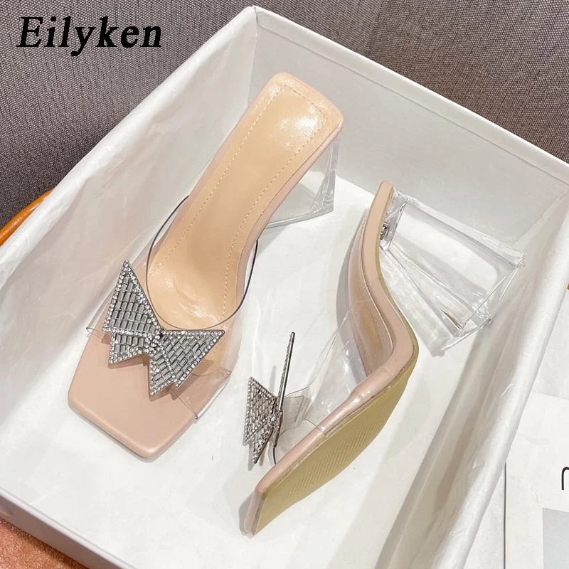 Eilyken Fashion Rhinestone Bowtie Buckle Slippers Women Summer PVC Transparent Jelly Sandals Crystal Perspex Heels Ladies Shoes