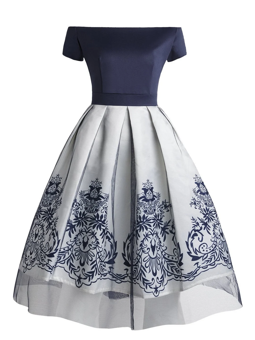 1950s Elegant Off Shoulder Mesh Floral Dress