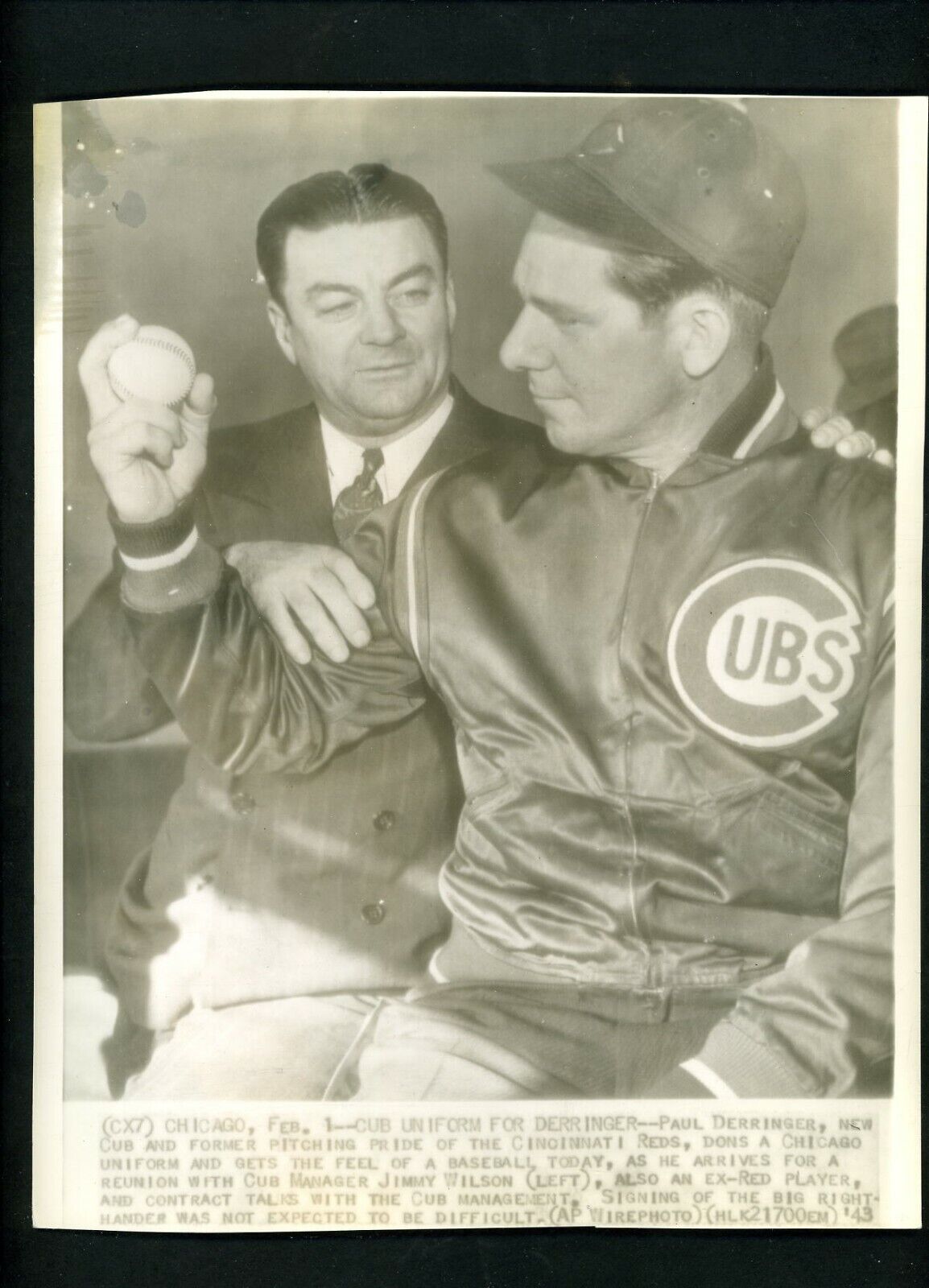 Chicago Cubs Manager Jimmy Wilson & Paul Derringer 1943 Type IV Press Photo Poster painting