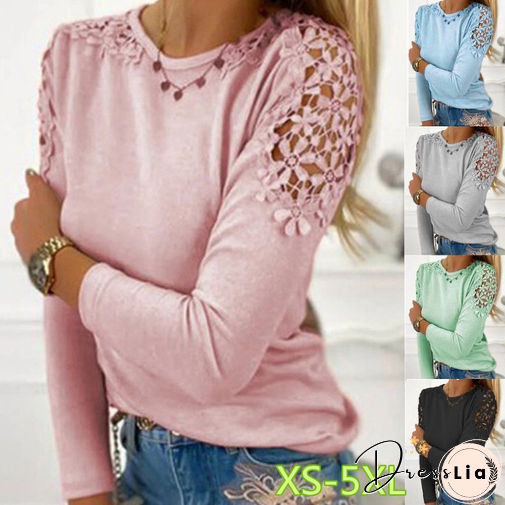 Women's T-shirt New Fashion Women's Lace Sleeve Round Neck XS-5XL Plus Size Casual T-shirt Loose Soft Solid Color Top