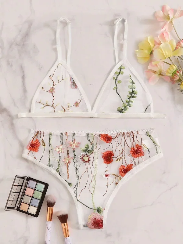 Uveng Sex Lingerie Sexy Women's Lingerie Hollow Print Three-Point Lingerie Set