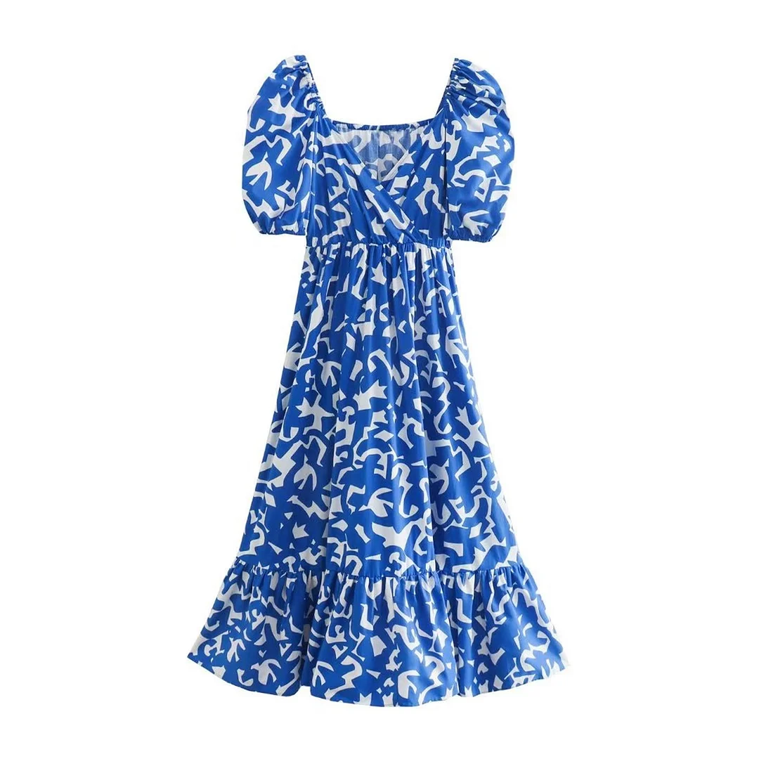 TFMLN Summer Women Elastic Dresses 2022 New Printed V-neck Elegant Mid-Calf Dress Puff Short Sleeve A-line Girls Outwear