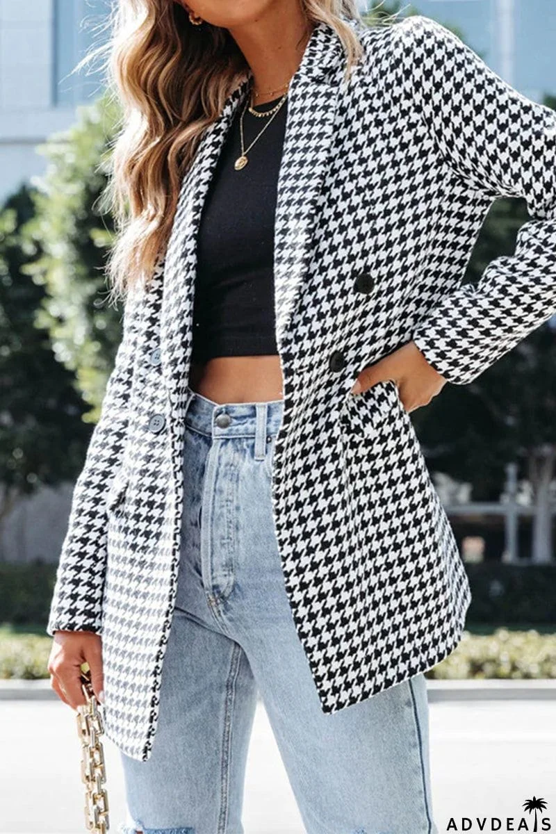 Elegant Plaid Pocket Turn-back Collar Outerwear