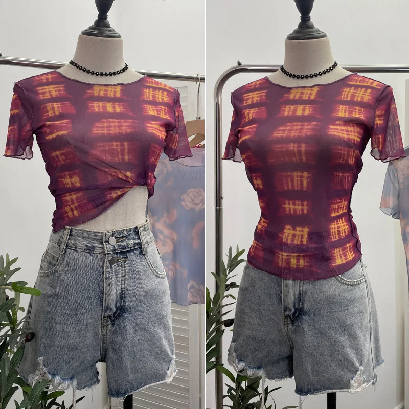 Uveng Single-Layer Thin Mesh Tie-Dye-Repair Short-Sleeved T-Shirt For Girls Summer Short-Sleeved Hottie Top 9917