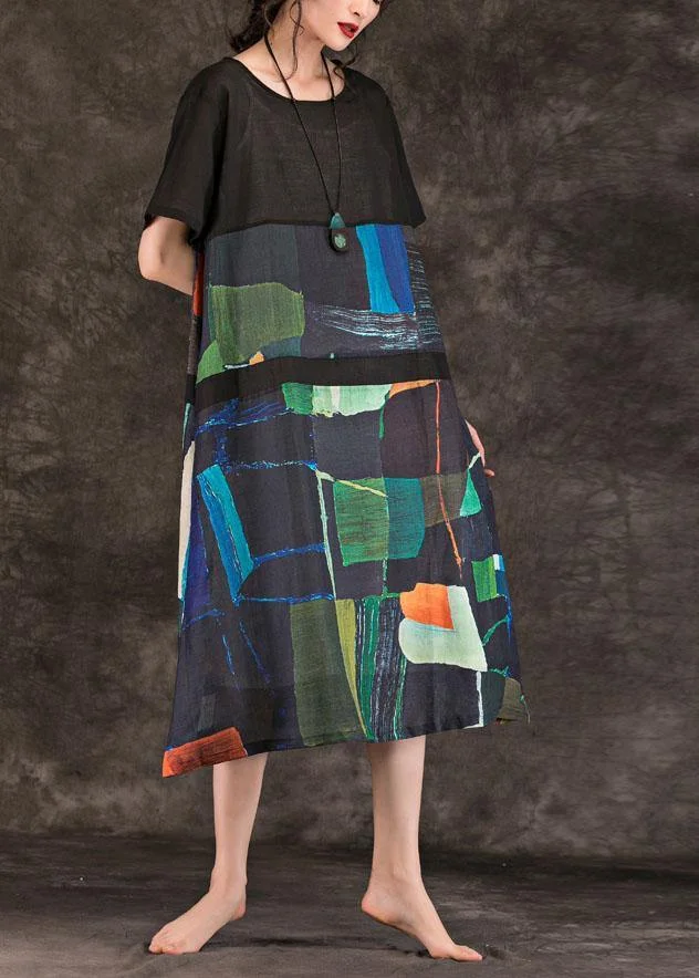 DIY o neck patchwork linen clothes For Women Online Shopping black print Dresses summer