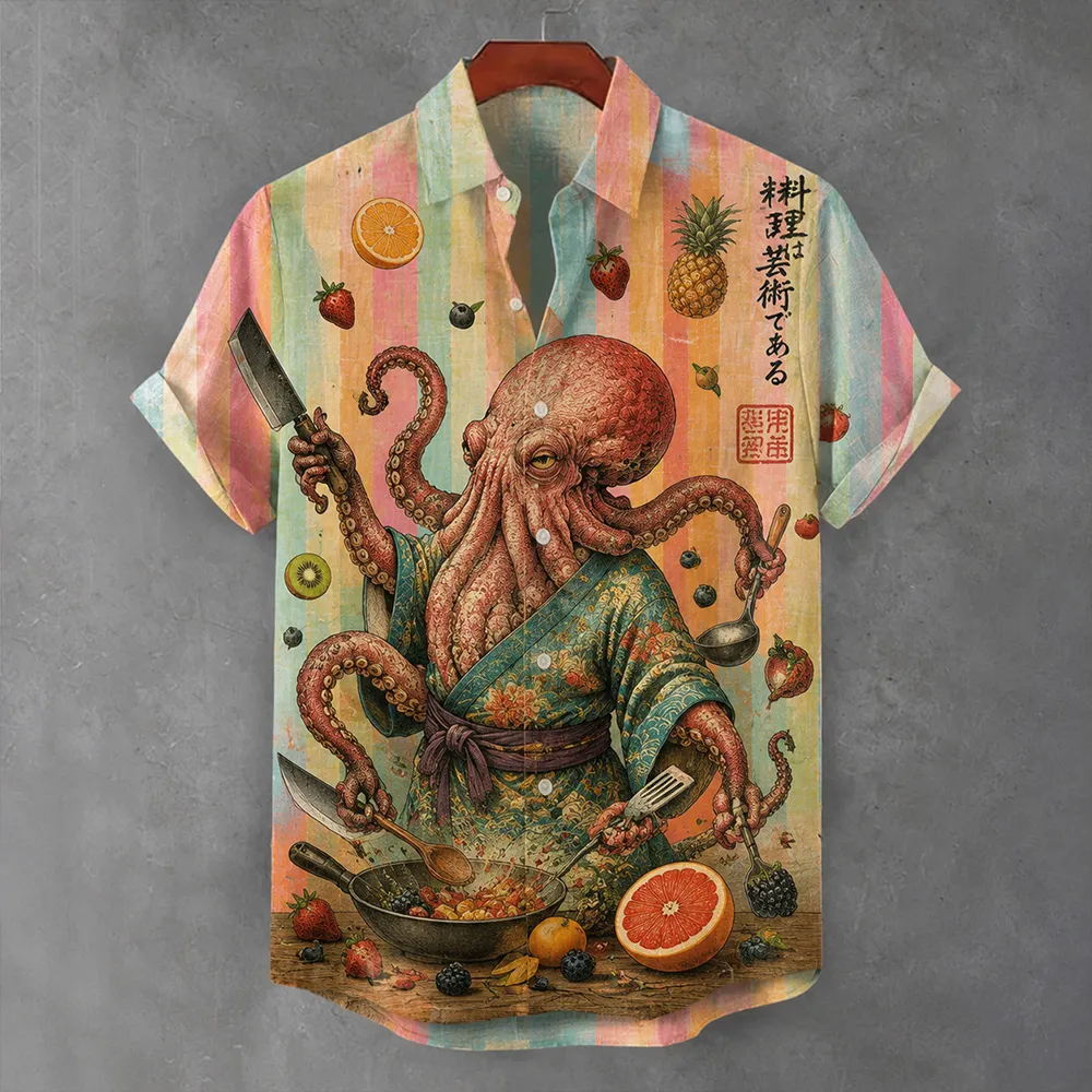 Japanese Retro-style Fruit-cutting Octopus Art Short-sleeved Shirt  artssus