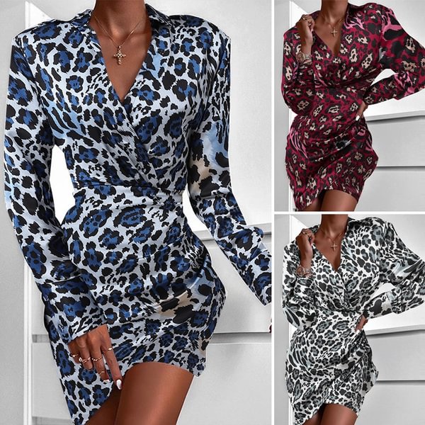 Women Long Sleeve Mini Dress Leopard Print Lapel V Neck Asymmetrical Hem Evening Party Elegant Casual Shirt Dress Plus Size - Shop Trendy Women's Fashion | TeeYours