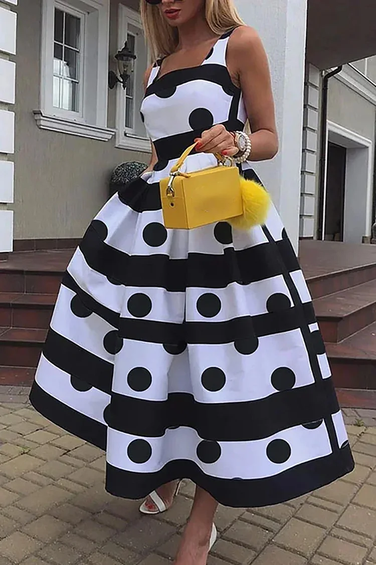 Xpluswear Plus Size White Daily Knitted Sleeveless Polka Dot Square Neck Midi Dresses 
