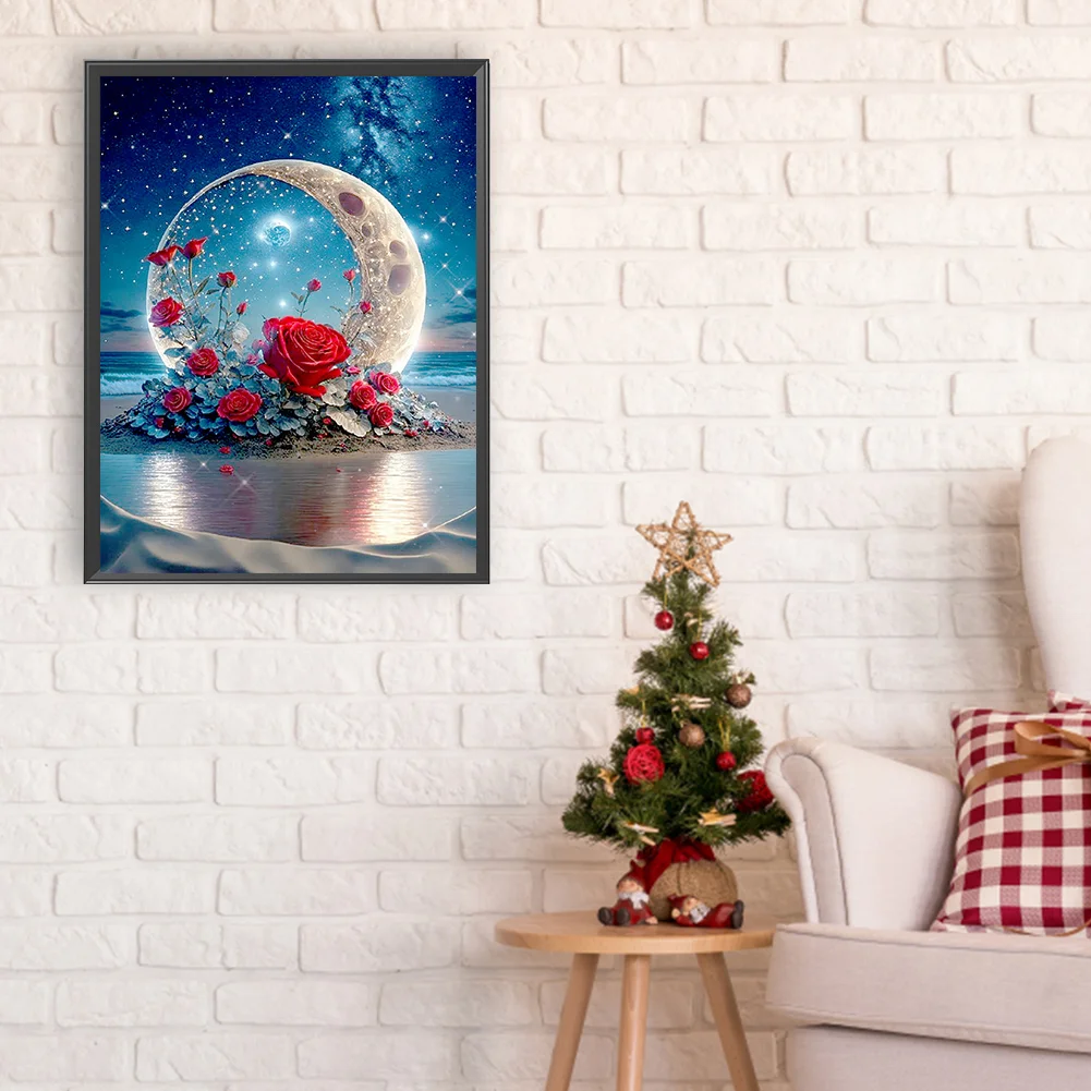 Full Round Diamond Painting 30*40cm - Red Roses Under The Moon