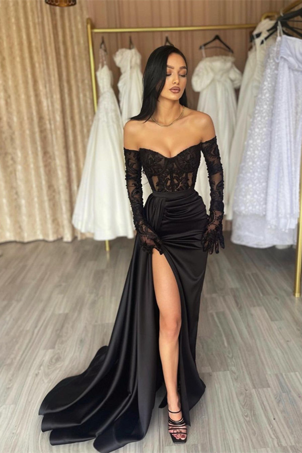 Chic Black Sweetheart Mermaid Prom Dress Lace With Split - lulusllly