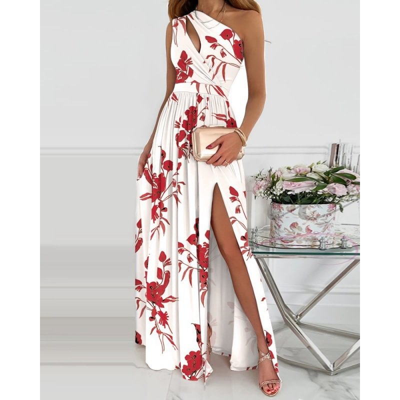 Women's Swing Maxi long Split Print Spring Summer One Shoulder Party Elegant Prom Dress   LILYELF