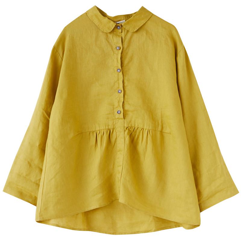 Women Turn-down Collar Loose Yellow Shirt All-matched Casual Cotton Linen Blouse