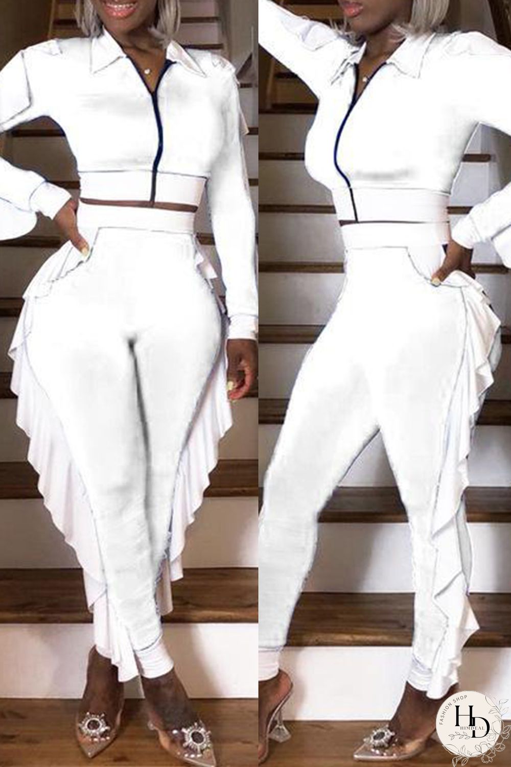 White Fashion Casual Patchwork Zipper Turndown Collar Long Sleeve Two Pieces