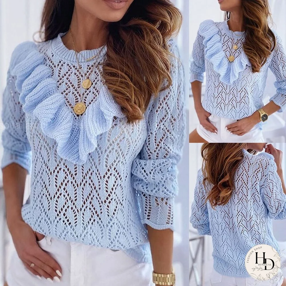 Spring Autumn Sexy Hollow Out Ruffle Hem Long Sleeve Sweater Women Fashion Elegant Workwear Blouse Lounge Daily Wear Tops