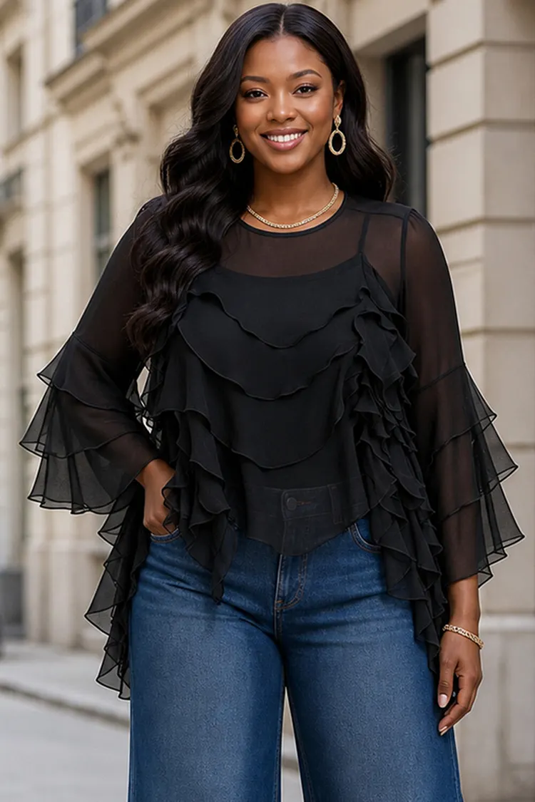 Xpluswear Design Plus Size Business Casual Black Round Neck Flare Long Sleeve Ruffle Tiered Chiffon Blouses [Pre-Order] 2024 - Xpluswear