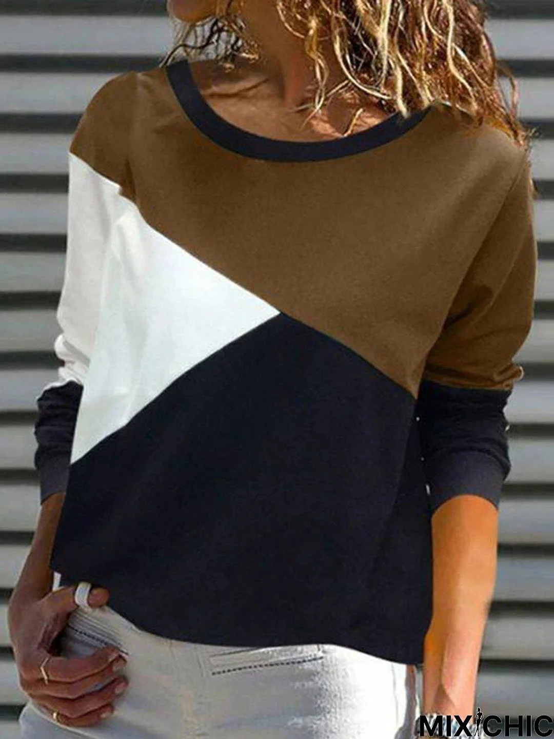 Multicolor Paneled Round Neck Casual Long Sleeve Top