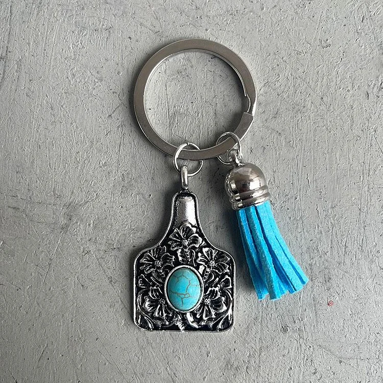 Western cowboy wind anti-lost device turquoise alloy retro cow brand pendant pendant leather tassel keychain