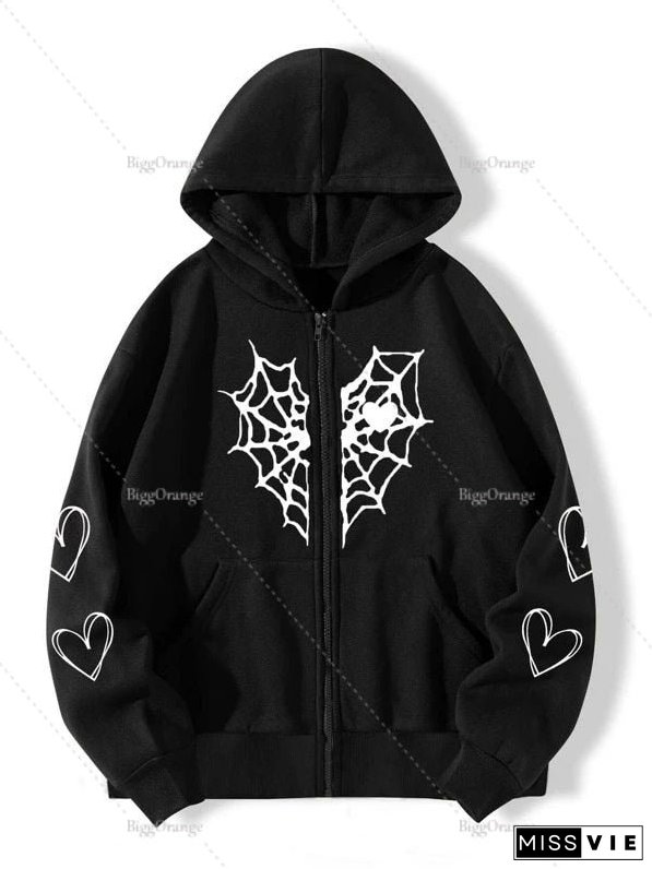 Spider Web Print Hoodie Womens Sweatshirt Loose Jacket Fashion Trend Zip Autumn Casual